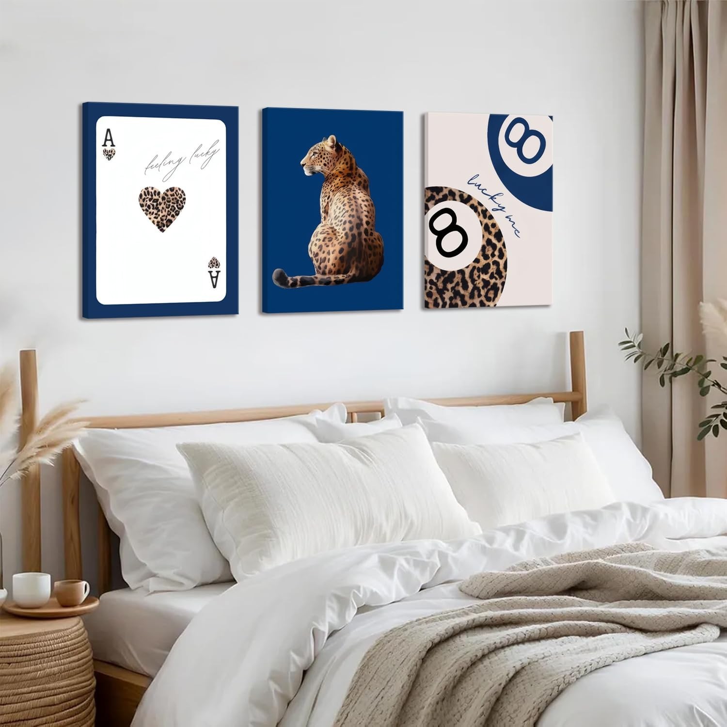 Navy Blue Leopard Canvas Wall Art Set of 3 Cheetah Animal Prints Posters Wall…