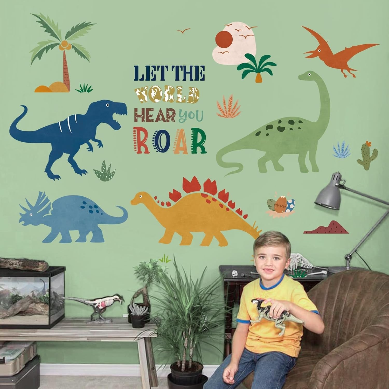 Boho Dinosaur Wall Decals Dino Palm Tree Wall Stickers Baby Nursery Boys Bedr…