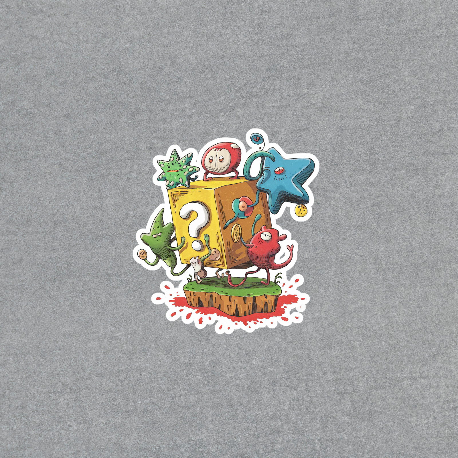 Whimsical Illustrated Sticker of Colorful Creatures Surrounding a Question Block