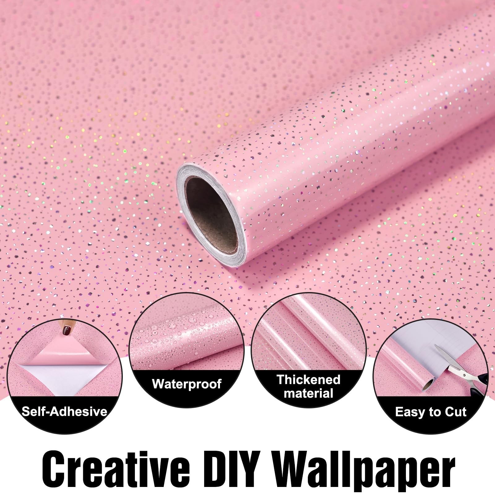 Pink Contact Paper with Holographic Glitter – 15.7”x78” Peel and Sti