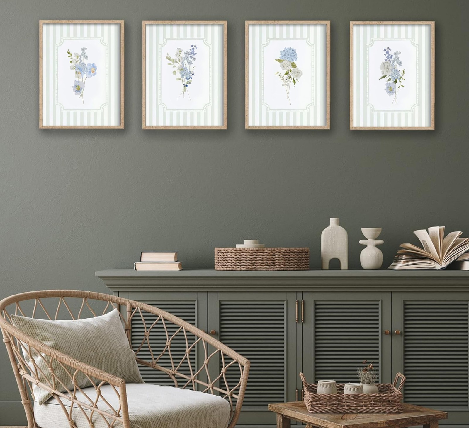 Blue White Florals Wall Art Sage Green Striped Hydrangea Pictures Wall Decor …