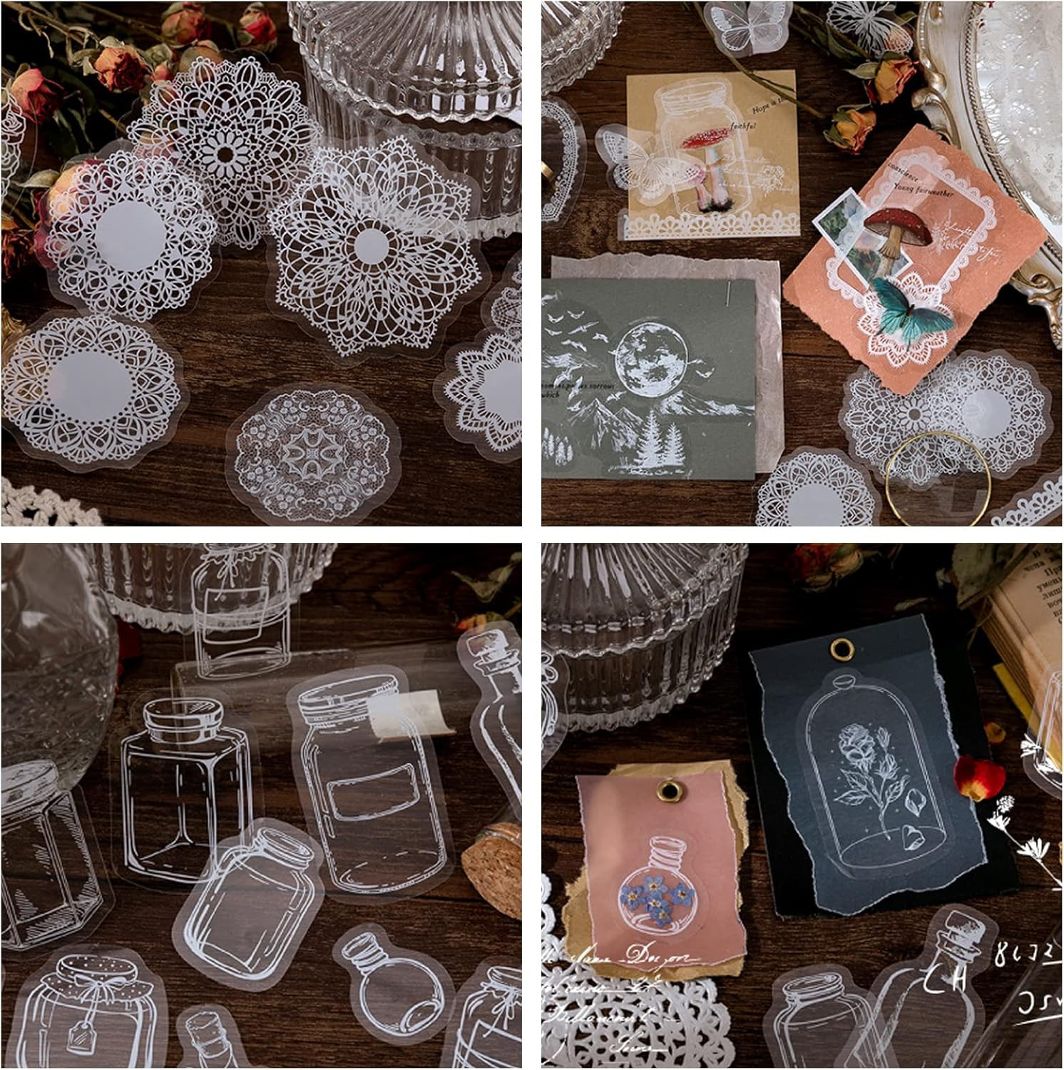 90 Pcs Transparent Lace Stickers,Pet Vintage Decorative DIY Decals White Retro A