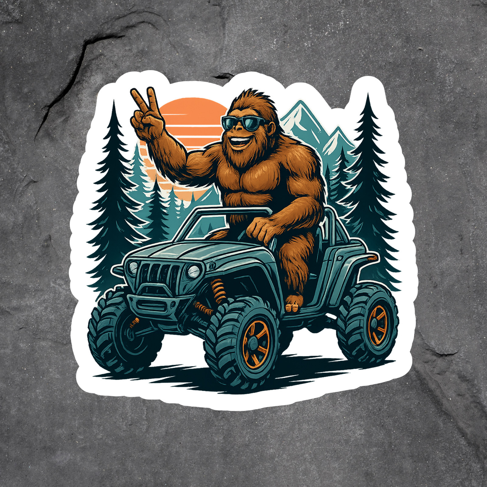 Bigfoot sticker vinyl decal sasquatch jeep forest sunset sunglasses peace