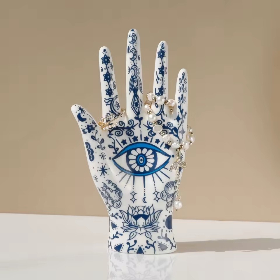 Ceramic Evil Eye Hand Jewelry Display Stand Blue & White Ring Bracelet Holder