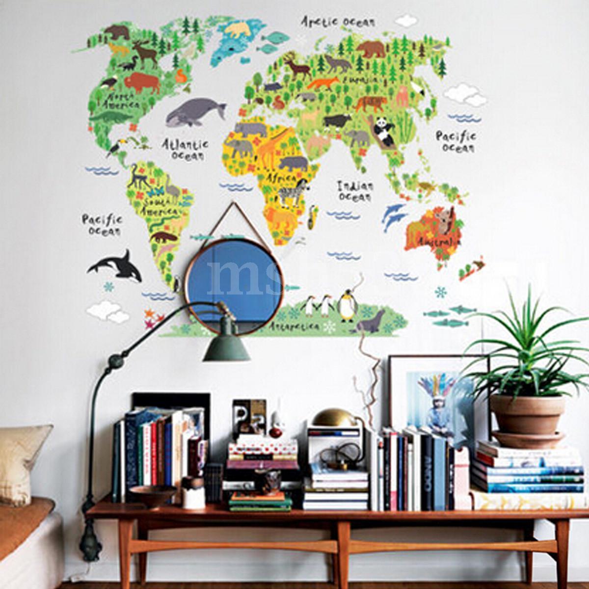Animal World Map Removable Vinyl Wall Sticker Decal School Office Home Decor
