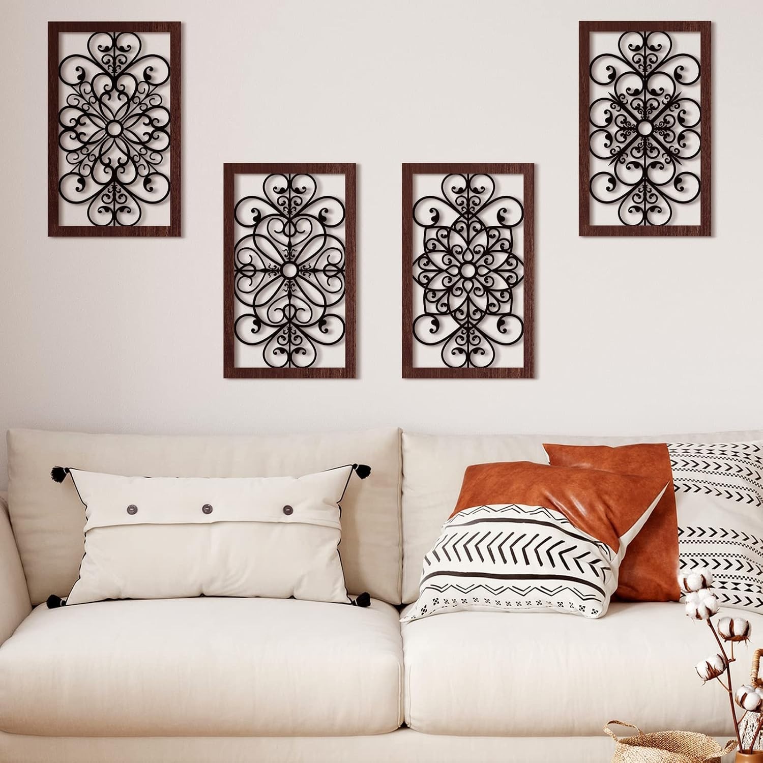 Elegant Rustic Floral Wall Art – Set of 4 Antique Wooden Panels, 11.8"x7.3"