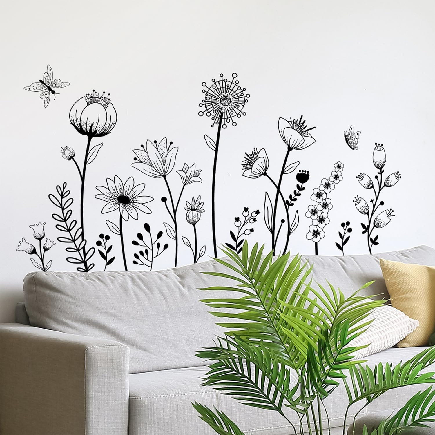 Black Flower Wall Decals Peel and Stick Simple Boho Flower Wall Sticker Wildflow