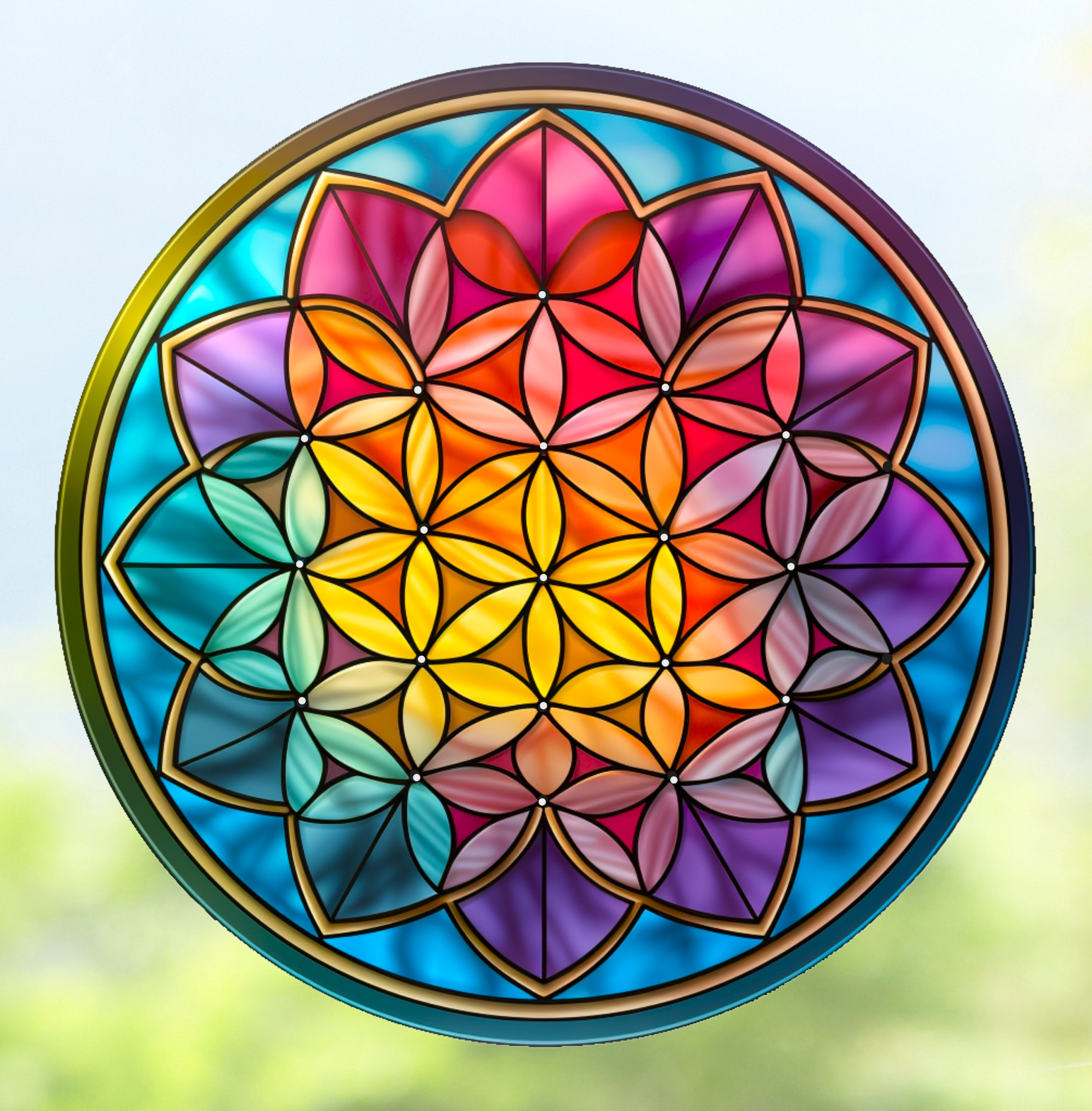 Flower of Life Round Faux Stained-Glass WINDOW CLING Size 8" Round Vinyl