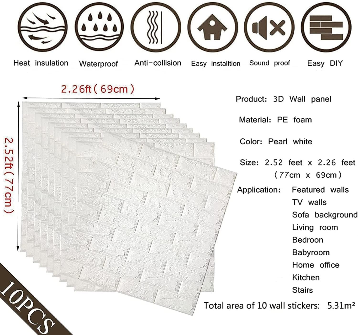 10PCS 3D Brick Wall Stickers, 59 Sq.Feet PE Foam Self-Adhesive Wallpaper Removab