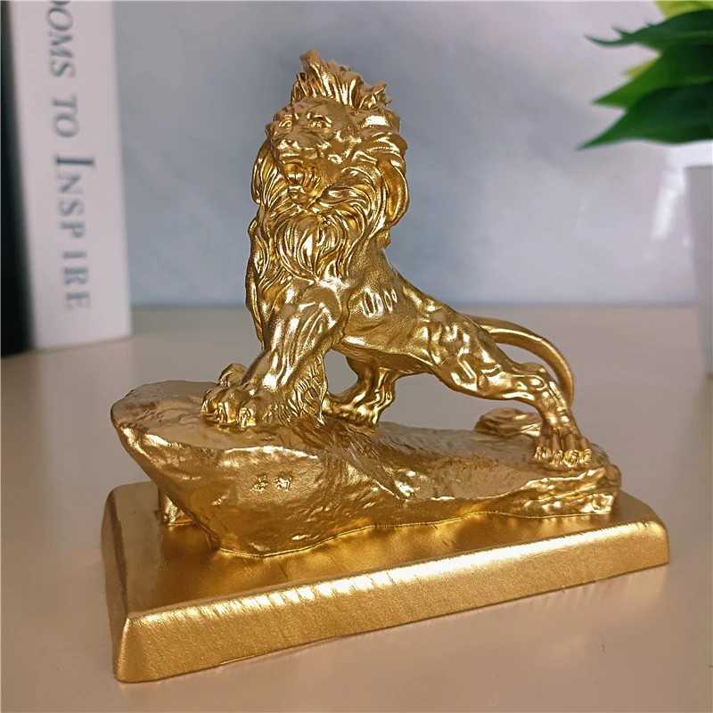 Golden Chinese Lion Resin Statues Feng Shui Animal Home Office Decor