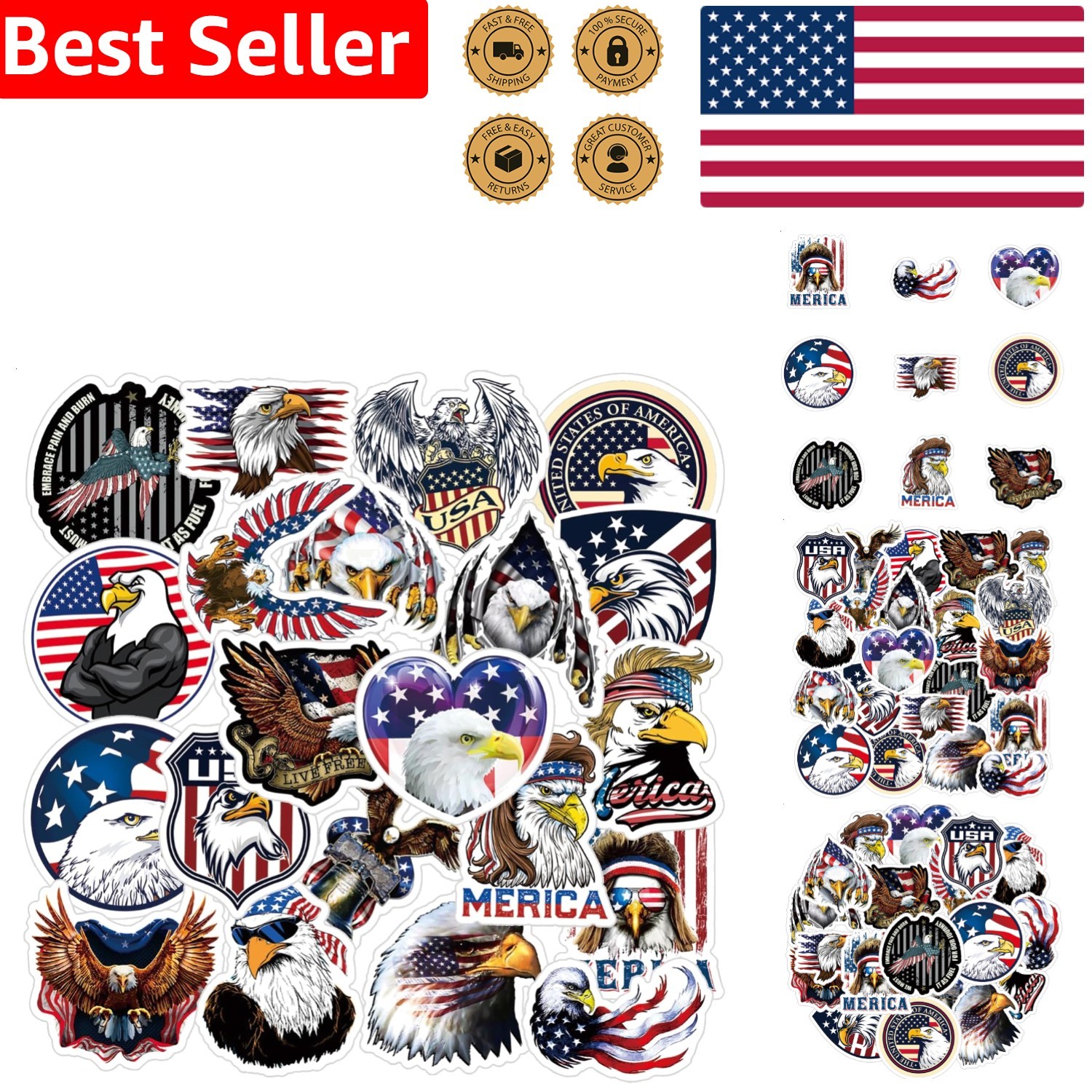 Cool Bald Eagle Stickers 25pcs Waterproof Art Deco Vinyl Pack Laptop Skateboard