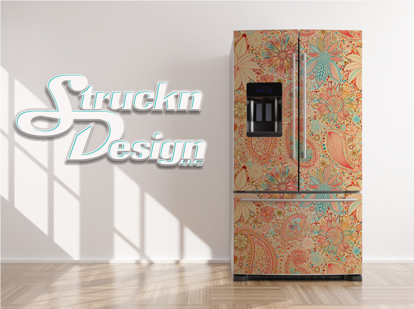 Vintage Floral Motif Pattern Beige Fridge Freezer Wrap Side Door Vinyl Decal