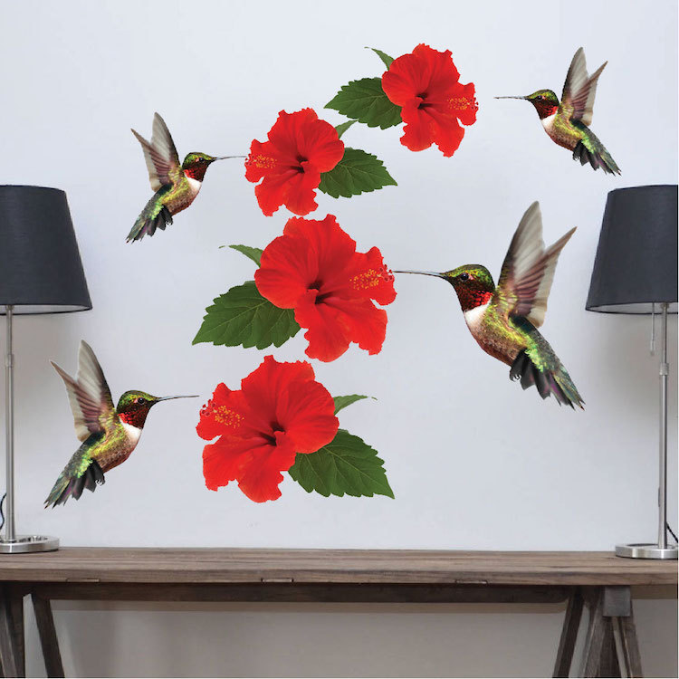 Hummingbird Wall Decal Mural, Hummingbirds Red Flowers Floral Animal Vinyl, a01