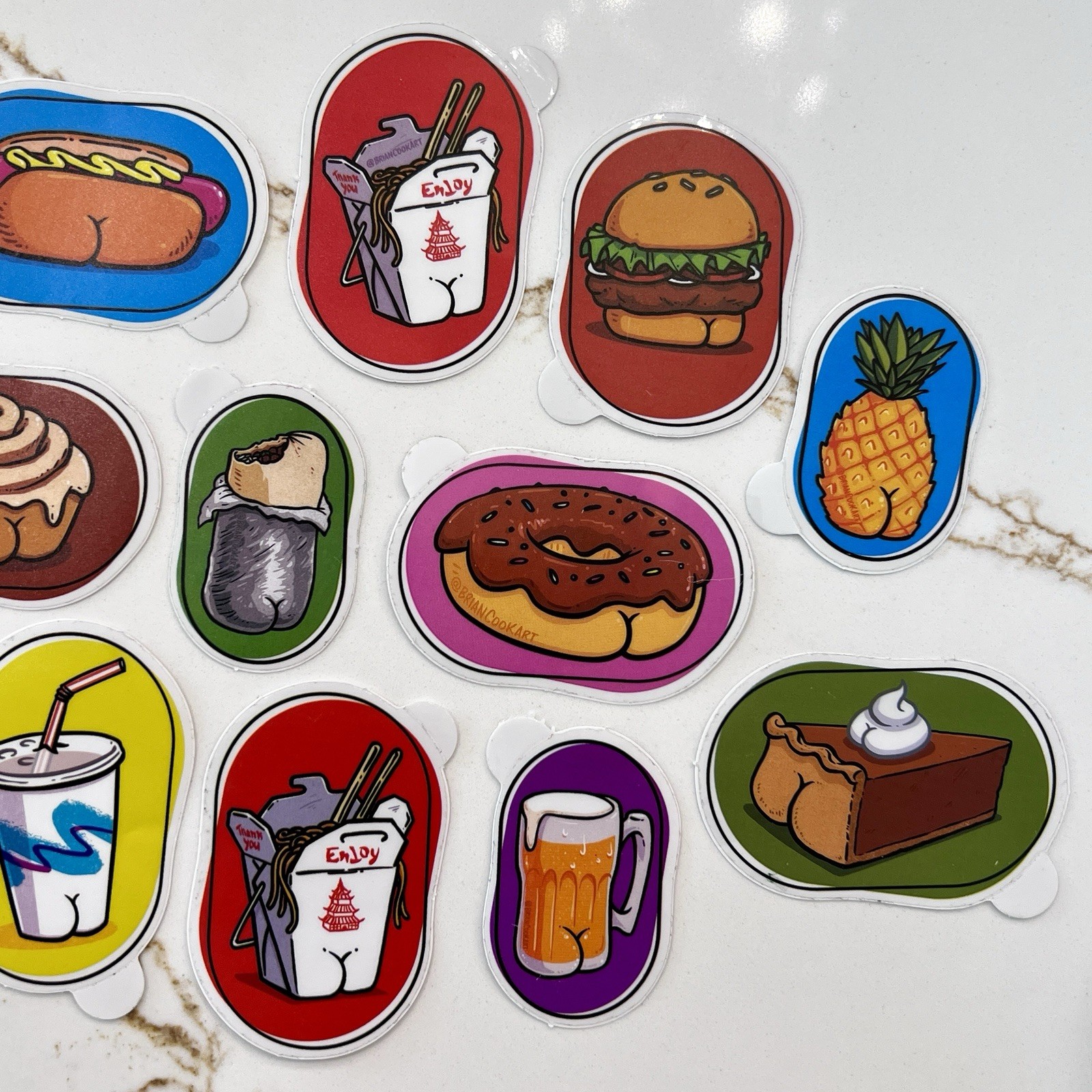 Set of 12 Fast Food Take Out Booty Cheeks Burger Hot Dog Beer Humor Sticker Lot