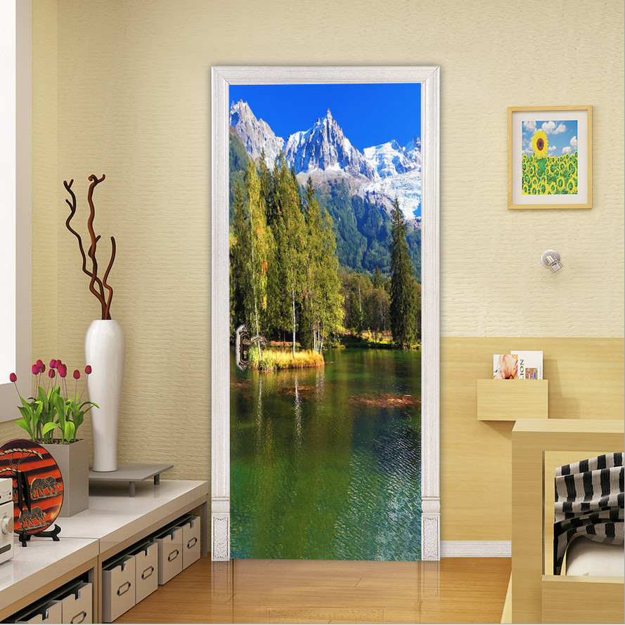 Door, Wall or Fridge STICKER – Lake Mountain Range 3D Waterproof Decal Cover