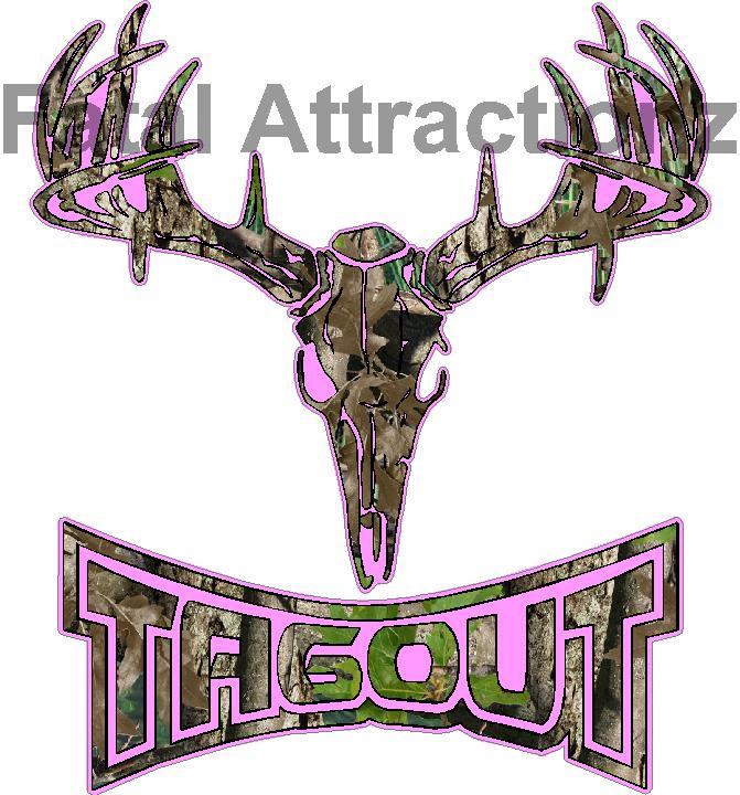 Pink Camo Tagout Deer Skull S4 Vinyl Sticker Decal whitetail Buck hunting bow