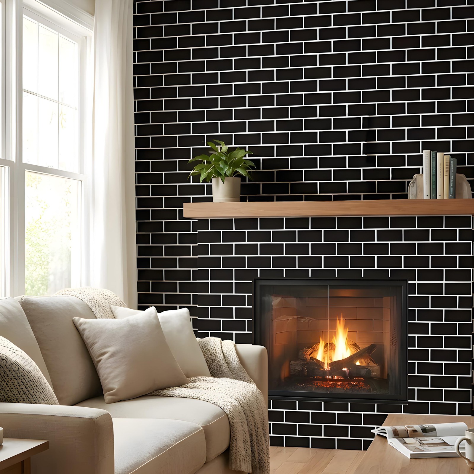 Black Brick Peel and Stick Wallpaper 17.7 x 196.8 Inch Faux Subway Tile Patte…