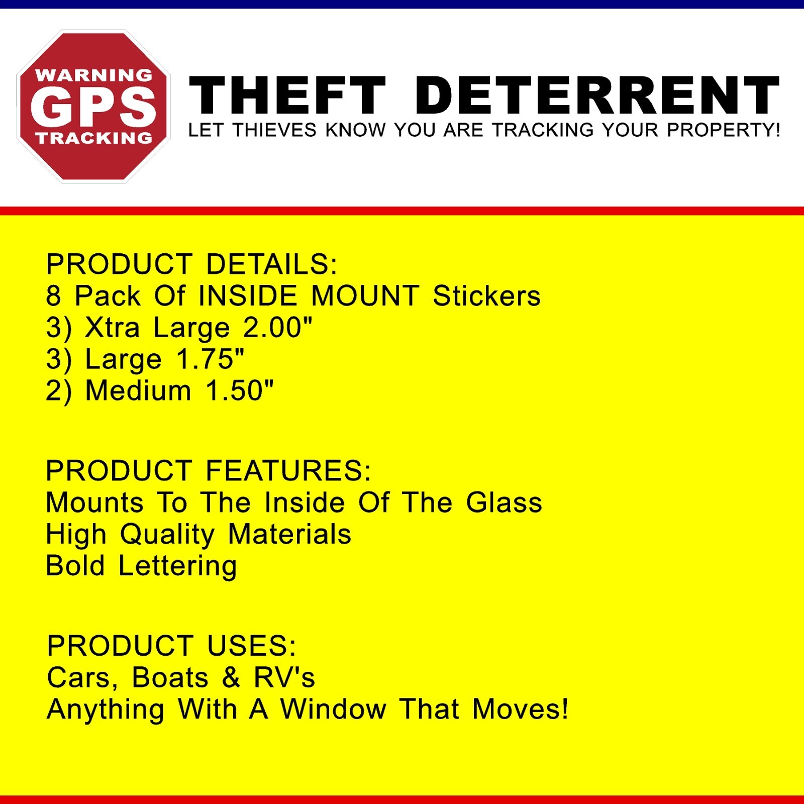 8 PACK INSIDE MOUNT GPS Tracking Stickers Theft Deterrent "STOP" FREE SHIPPING!