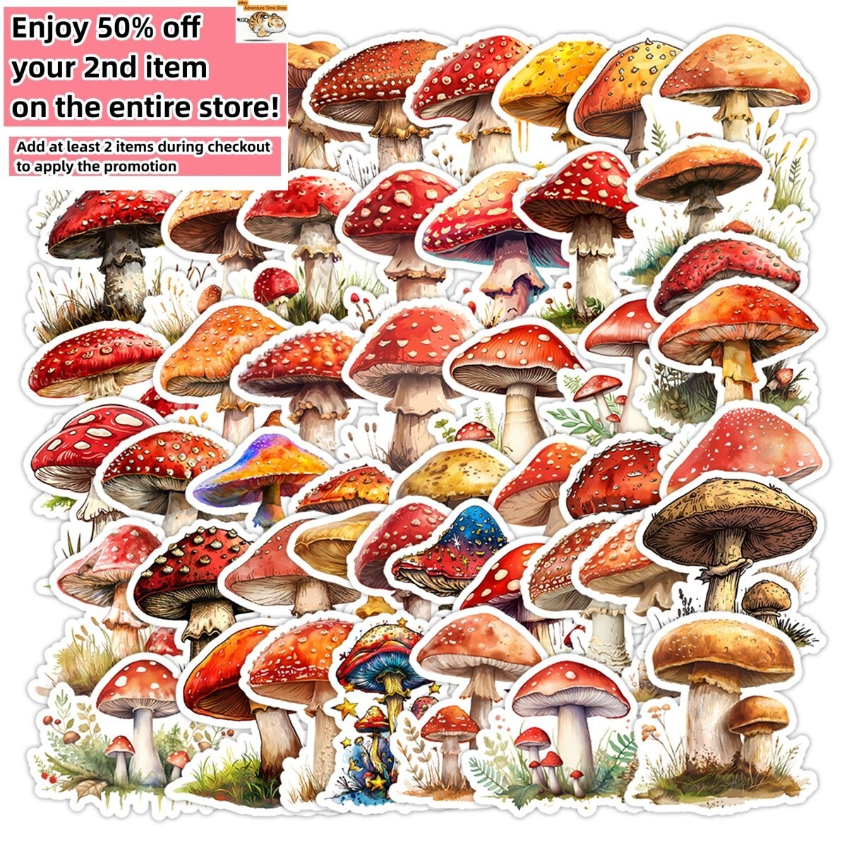 50 Pcs Stickers Vinyl Cute Mushroom Laptop Luggage Fridge Phone Car Water Bottle