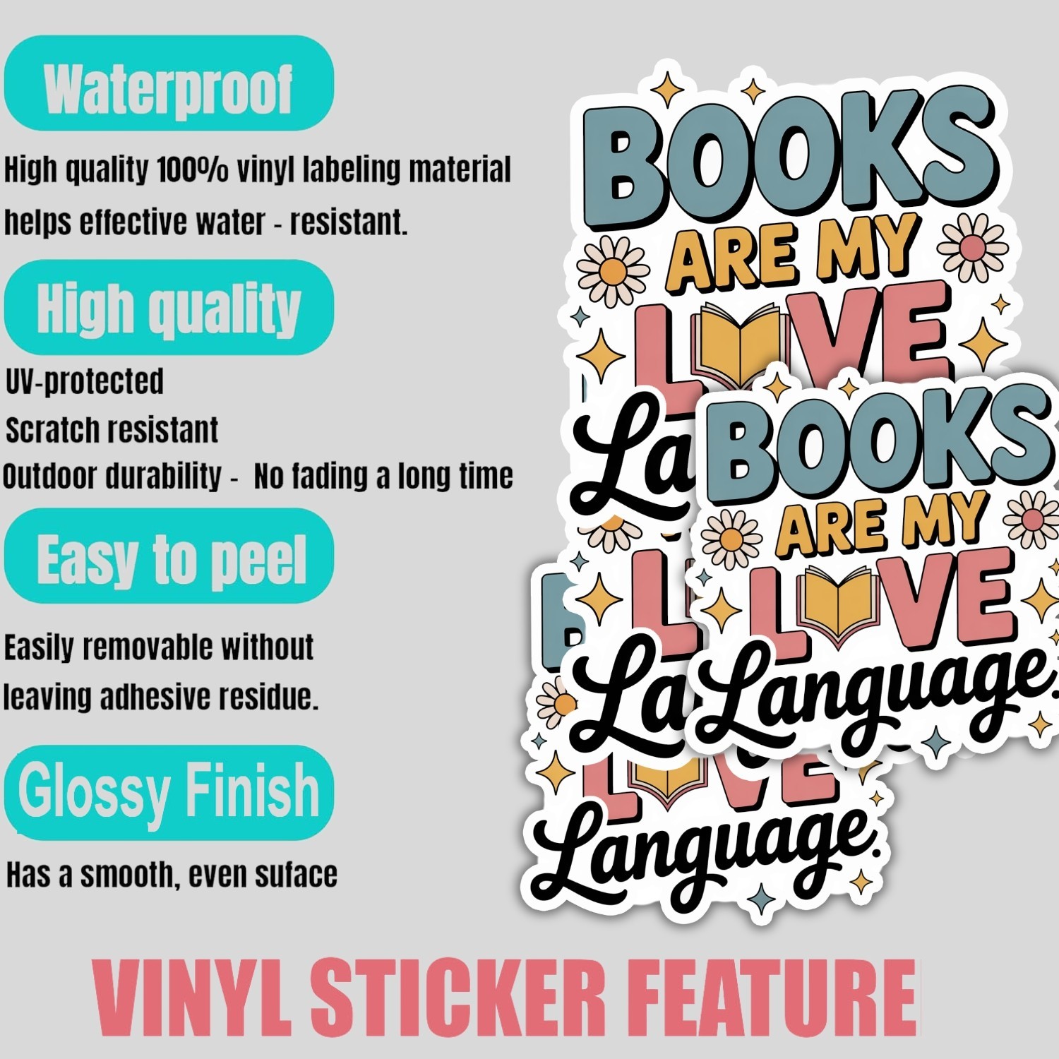 4pcs Books Are My Love Language Stickers – Waterproof Vinyl for Readers