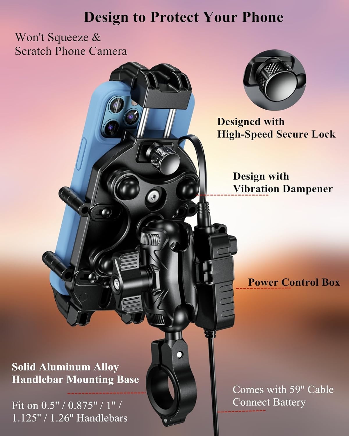 Motorcycle Phone Mount Holder with Qi 15W Wireless Charger & 30W PD/USB-C Fast C