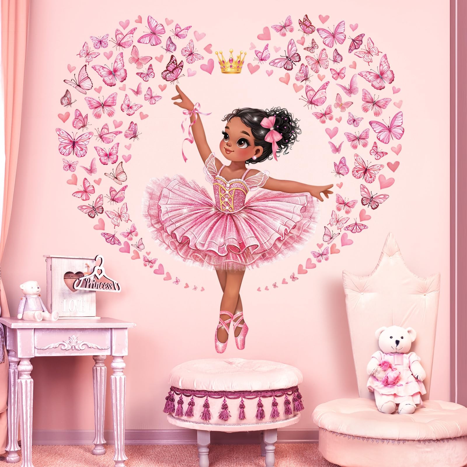 Black Dancing Girl Ballerina Wall Stickers Princess Pink Butterfly Wall Decal…