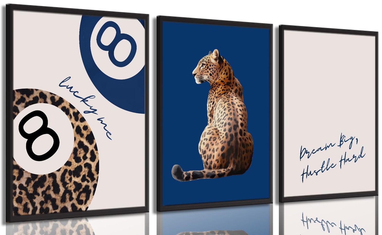 Navy Blue 3 Pcs Leopard Print Wall Art Cheetah animal prints 8 Ball Lucky Me …