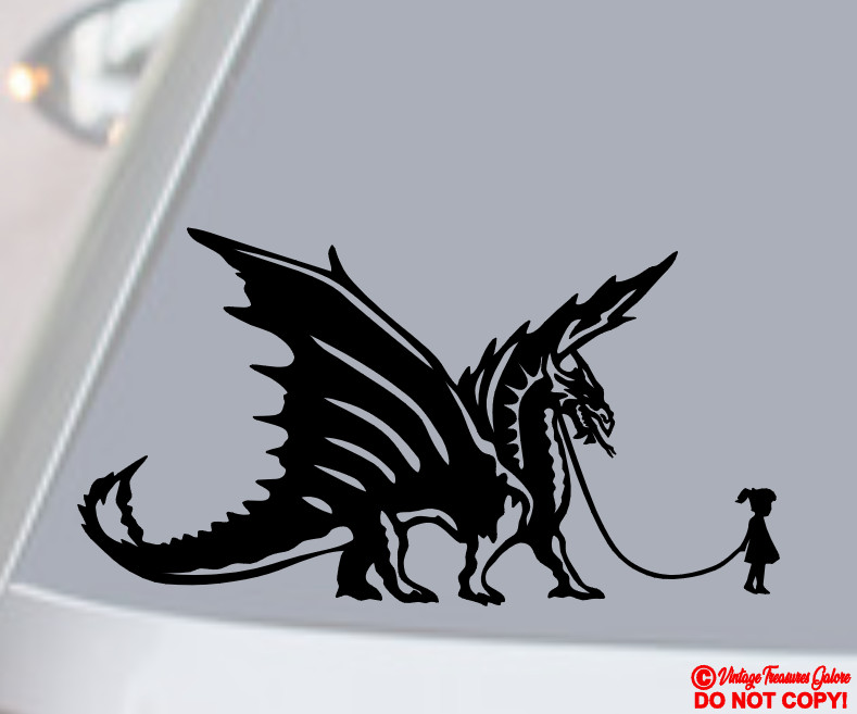 GIRL WALKING A PET DRAGON Vinyl Decal Sticker Car Truck Window Wall Bumper FUNNY