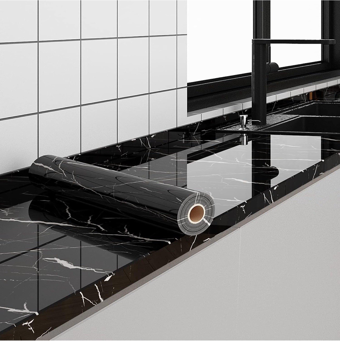 FUKU MON 24"x394" Black Marble Wallpaper Marble Contact Paper for Countertops…