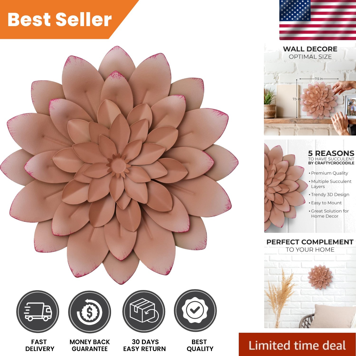 Hand-Painted Succulent Metal Flower Wall Decor – 3D Art for Indoor & Outdoor