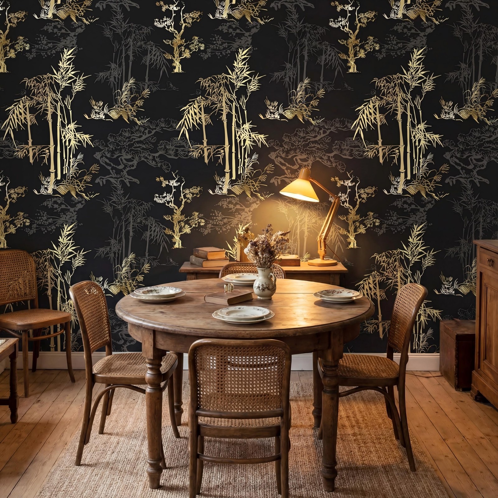 Vintage Wallpaper Peel and Stick 17" x 120" Black Gold Bamboo Forest Wallpape…