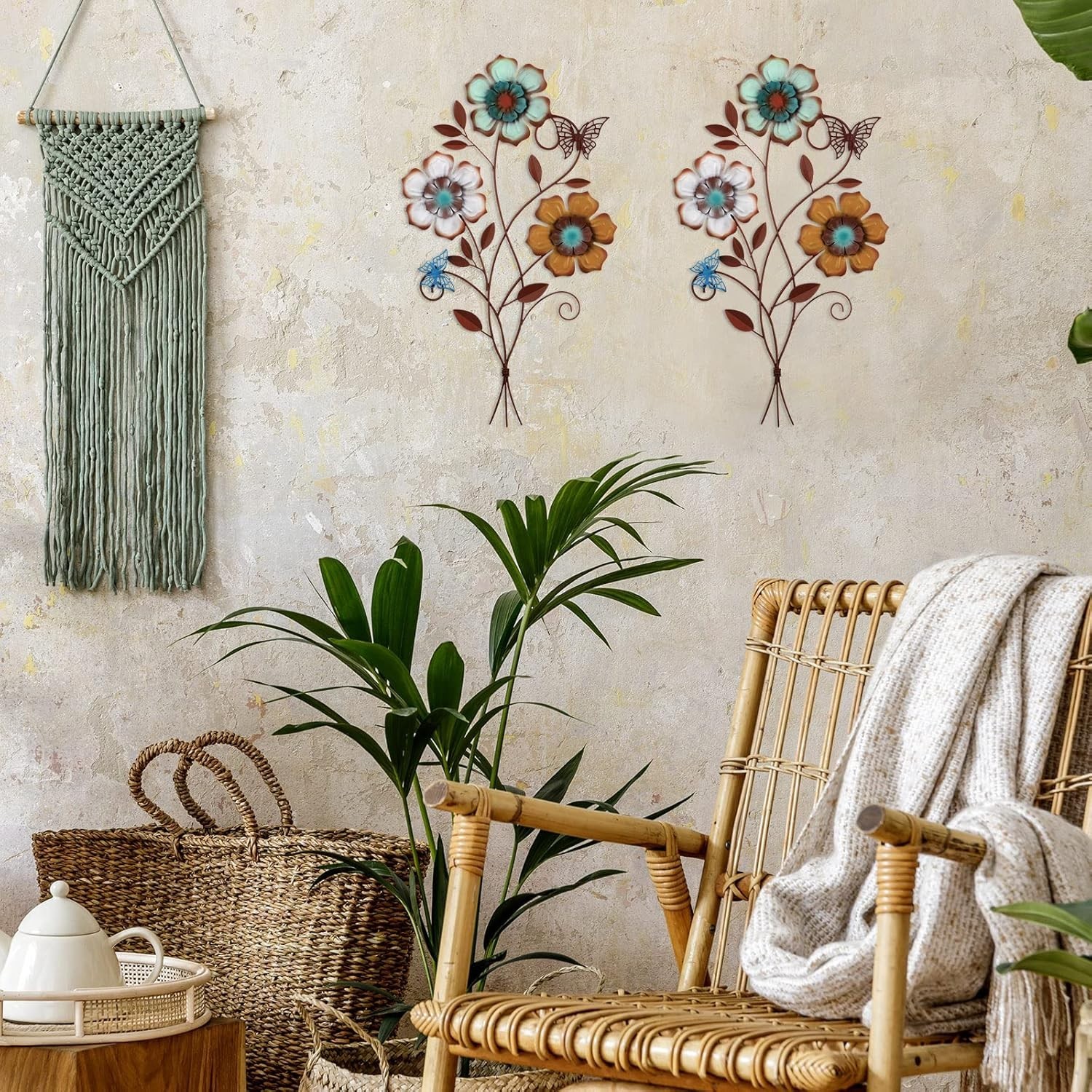 Rustic Hanging Floral Metal Wall Decor for Home – 2 Pieces