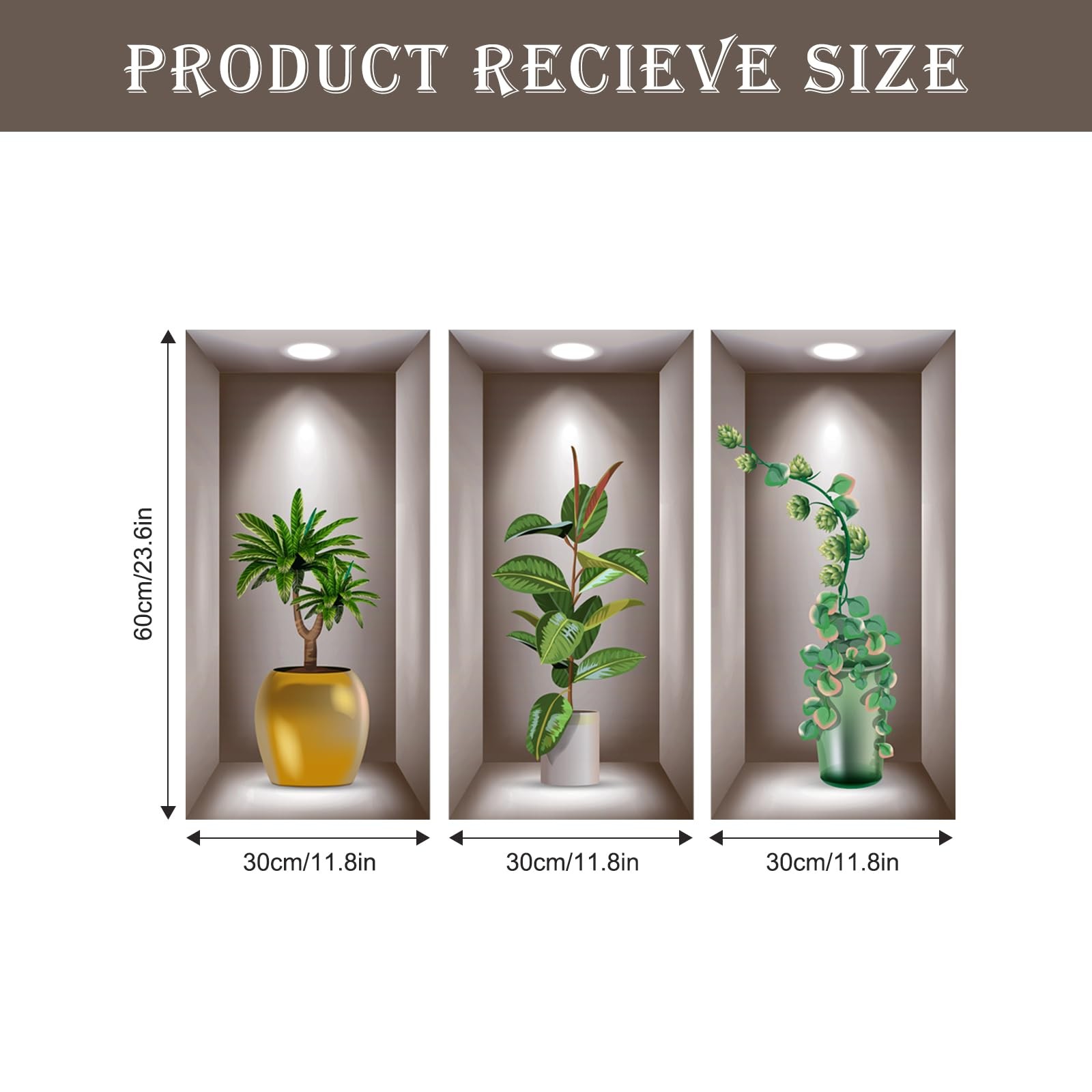 3D Potted Plants Wall Stickers Set of 3 Green Leaves Multi-colored
