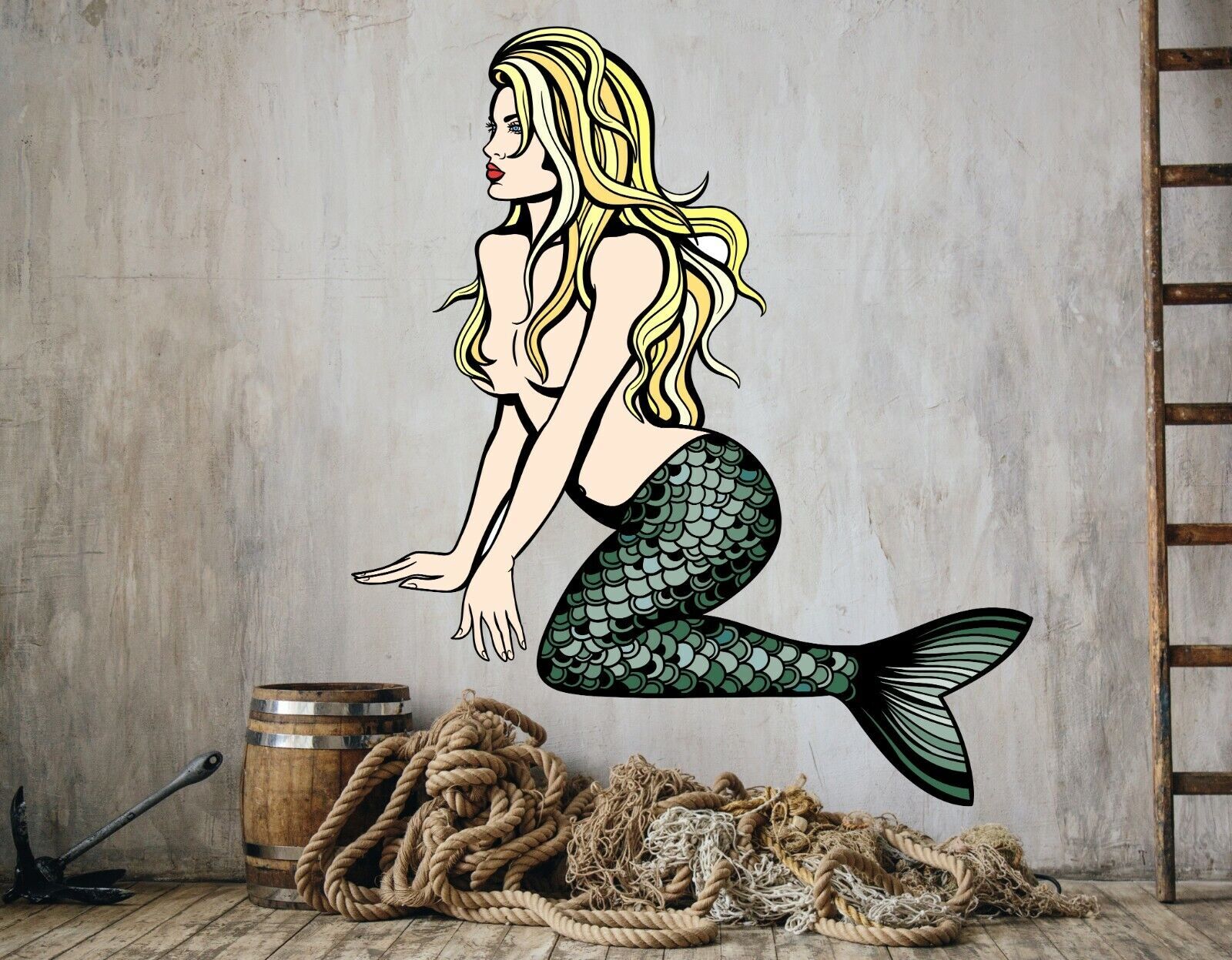 Vinyl Wall Decal Beautiful Boat Blond Mermaid Girl Nymph Ocean Sea Sticker mc008
