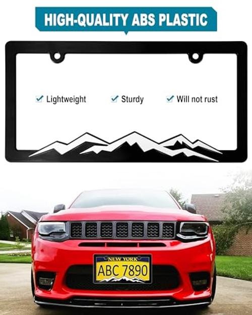 Mountain License Plate Frames on Black, ABS Plastic | 3D Mountain Raised, White