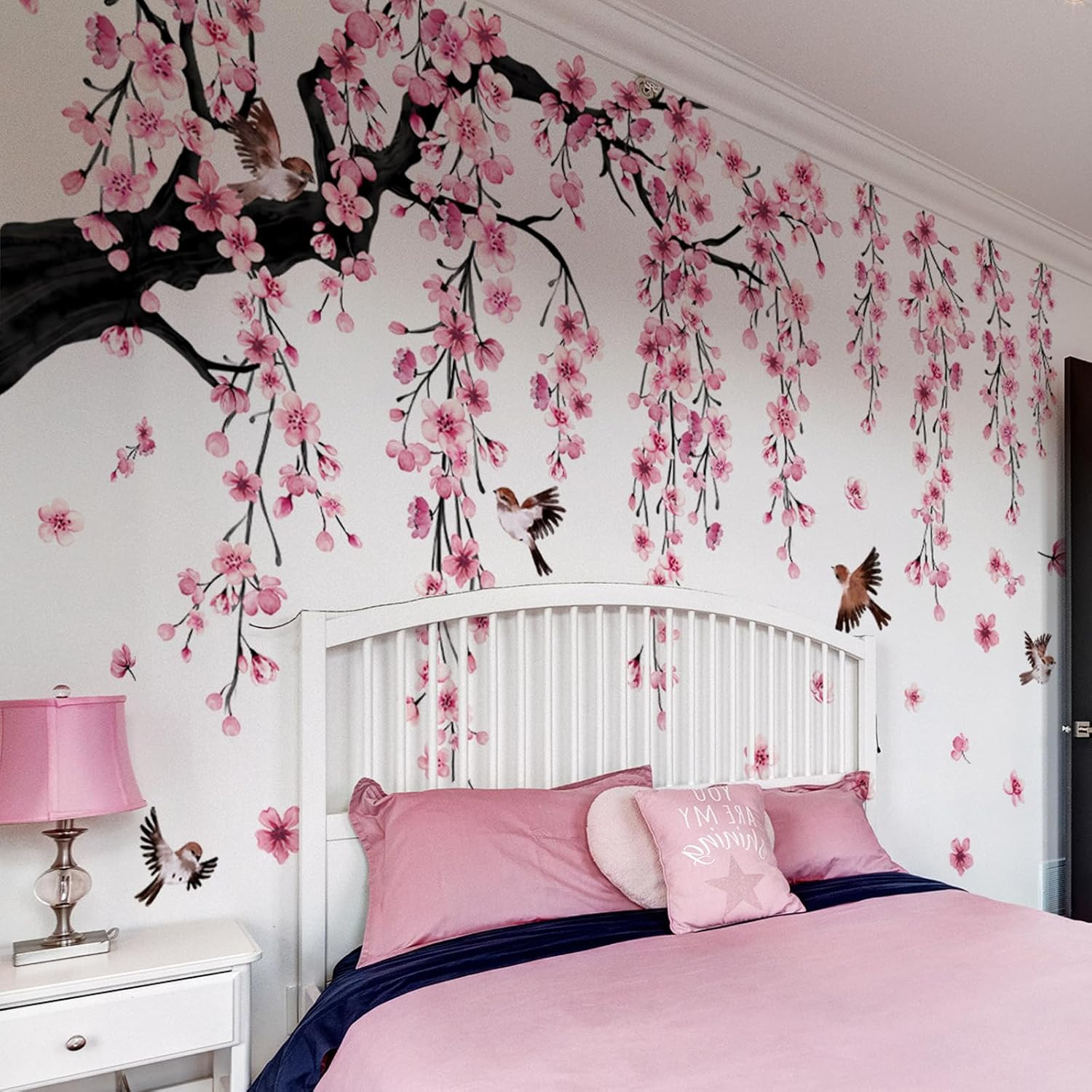 Large Pink Cherry Blossom Branch Wall Stickers – Floral Bird Decals