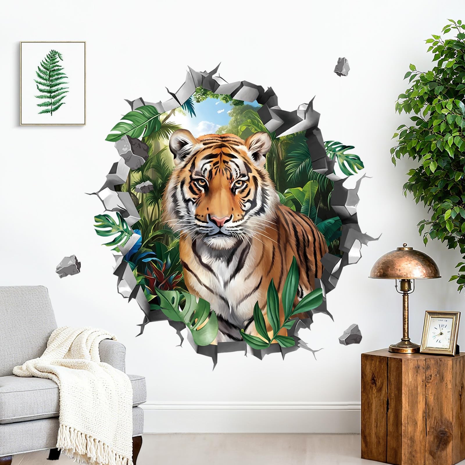3D Safari Tiger Wall Stickers Break Through Jungle Animals Tiger Peel and Sti…