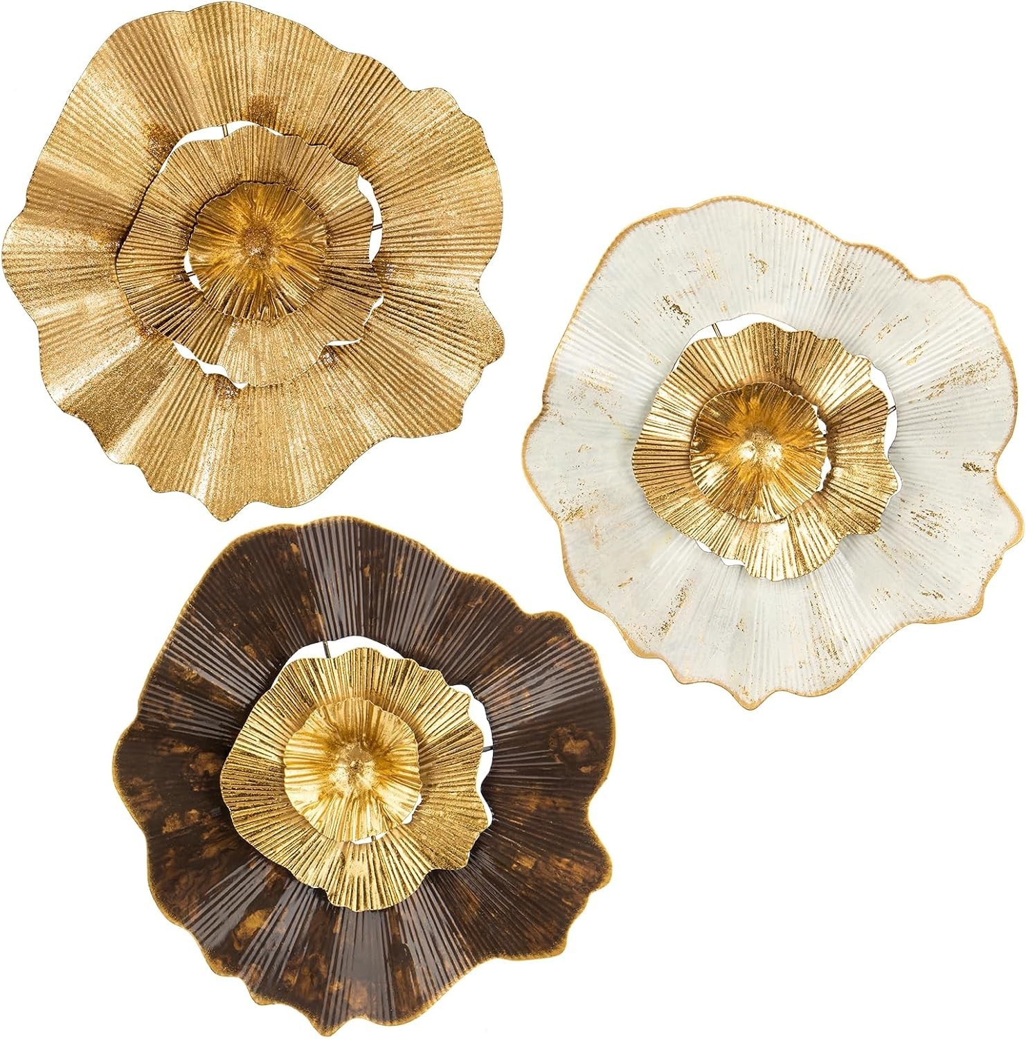 Elegant 12” Gold Metal Flower Wall Art – Abstract 3-Piece Set for Home