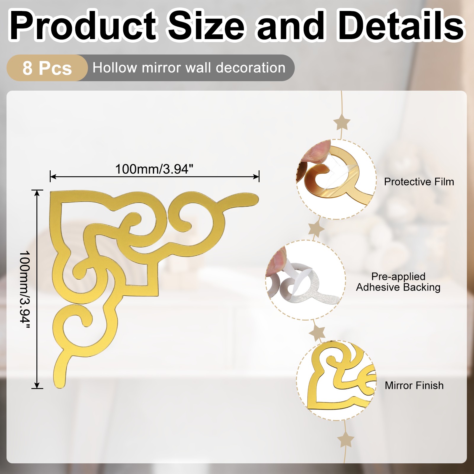 8 Pcs Hollow Mirror Wall Stickers (Light Gold Tone, 3.9 x 3.9")