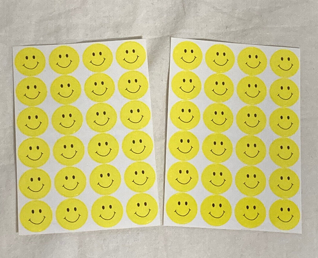 Vntg Happy Smiley Face Adhesive Craft Stickers 3/4" H. Yellow 2 Sheets