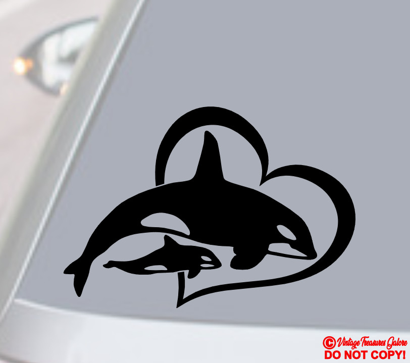 ORCA KILLER WHALE HEART Vinyl Decal Sticker Car Rear Window Wall Bumper Sea Life