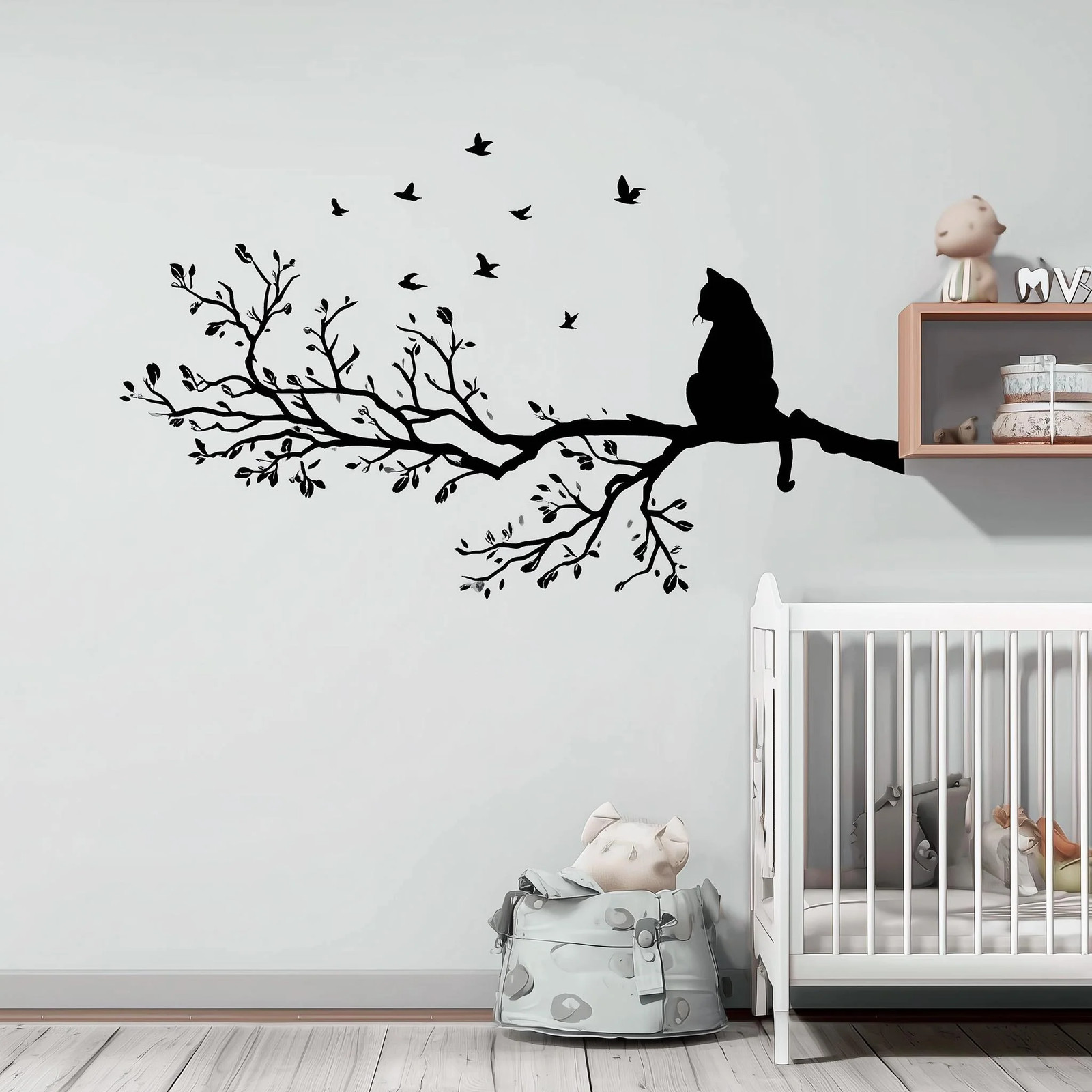 Cat on Tree Branch Wall Decal | Vinyl Cat and Birds Sticker