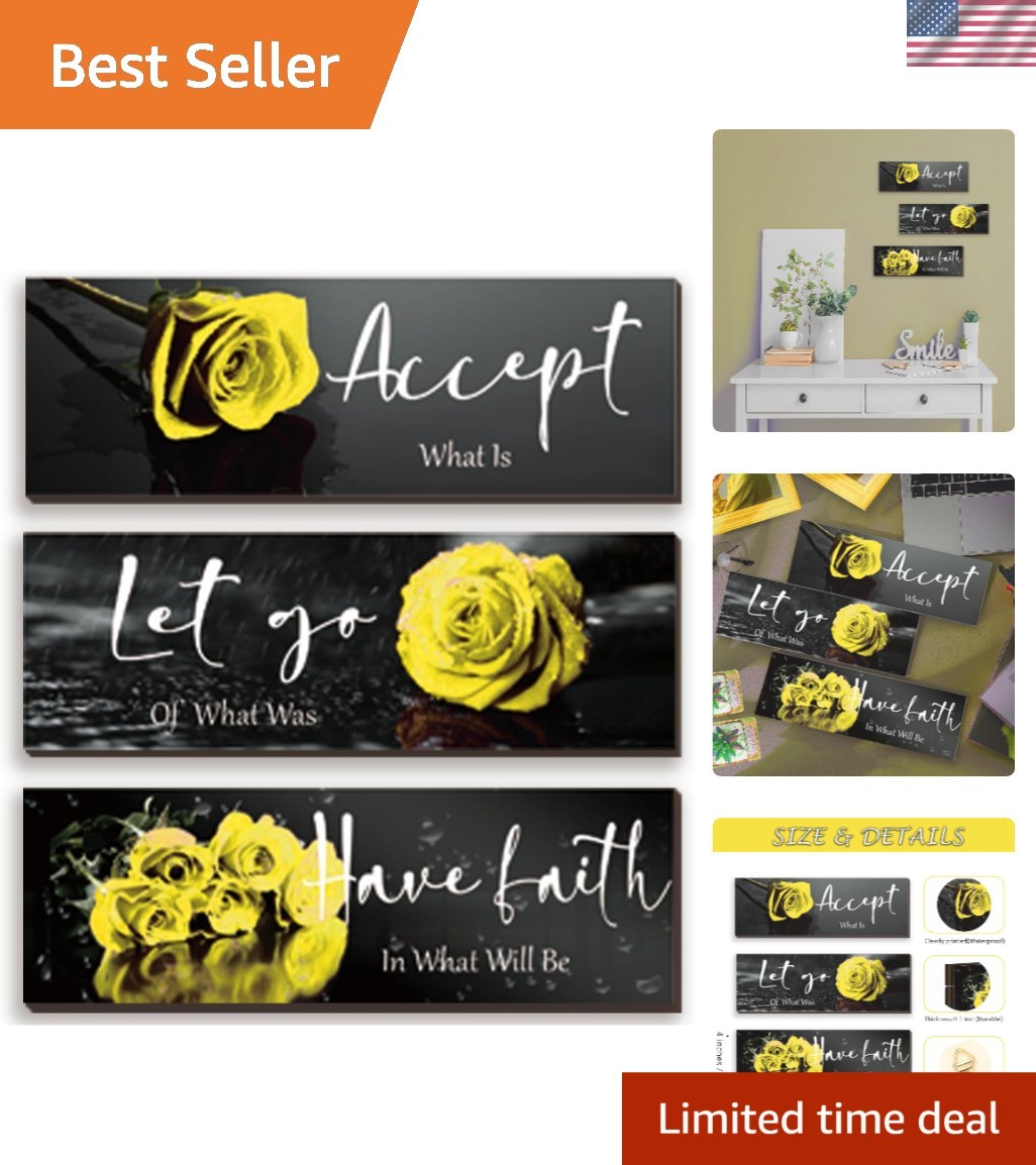 Charming 3-Pc Yellow Rose Wall Decor with Faith-Inspiring Quotes – 12×4 Inches