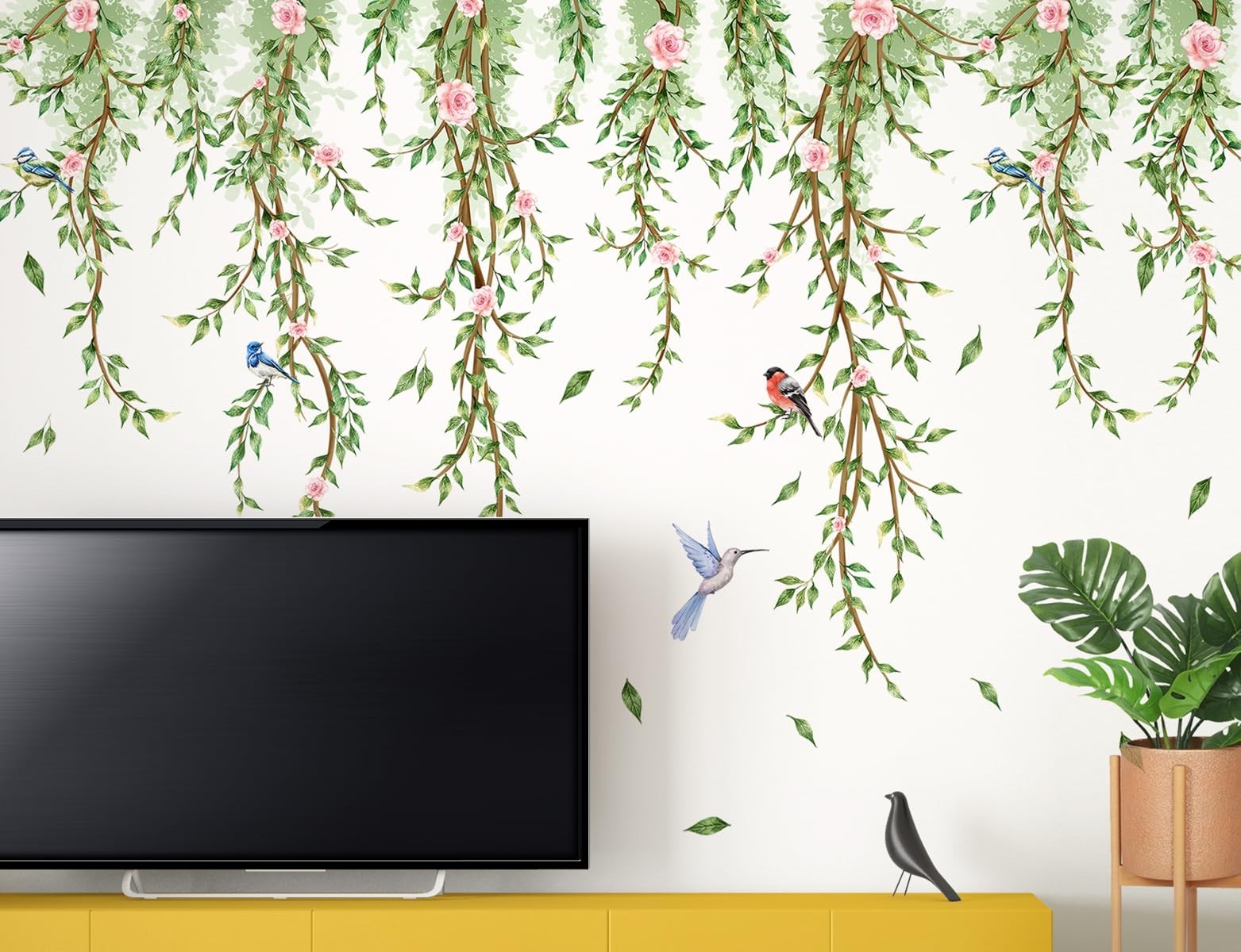 Hanging Vine Wall Decals Removable Birds Green Leaf Wall Stickers Peel and St…