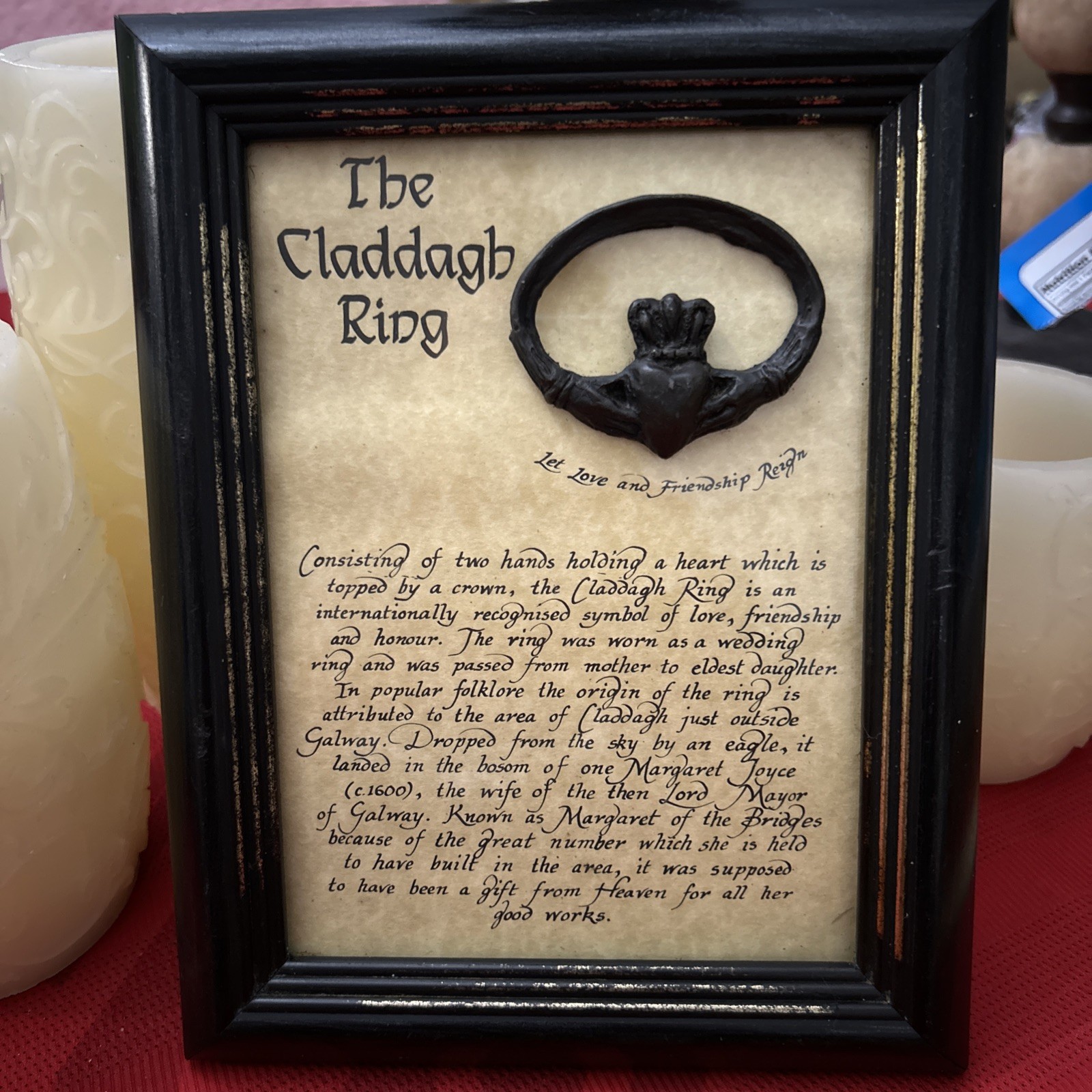 Irish Claddagh Ring Wall Hanging or standing Framed, History of Ring