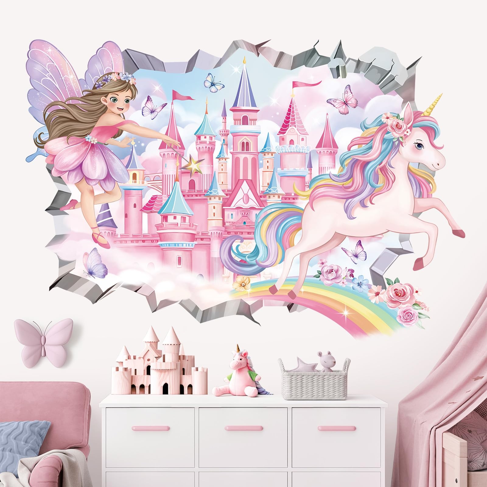 3D Fairy Princess Wall Decals Castle Unicorn Crack Hole Rainbow Wall Stickers…