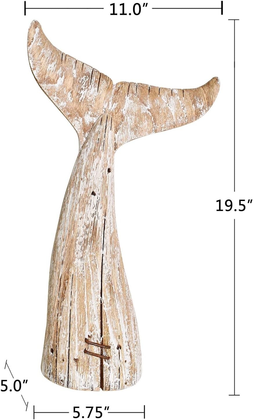 Aecipl Nautical Home Decor Wood Whale Tail Tabletop Statue Decorative (19.5" H)