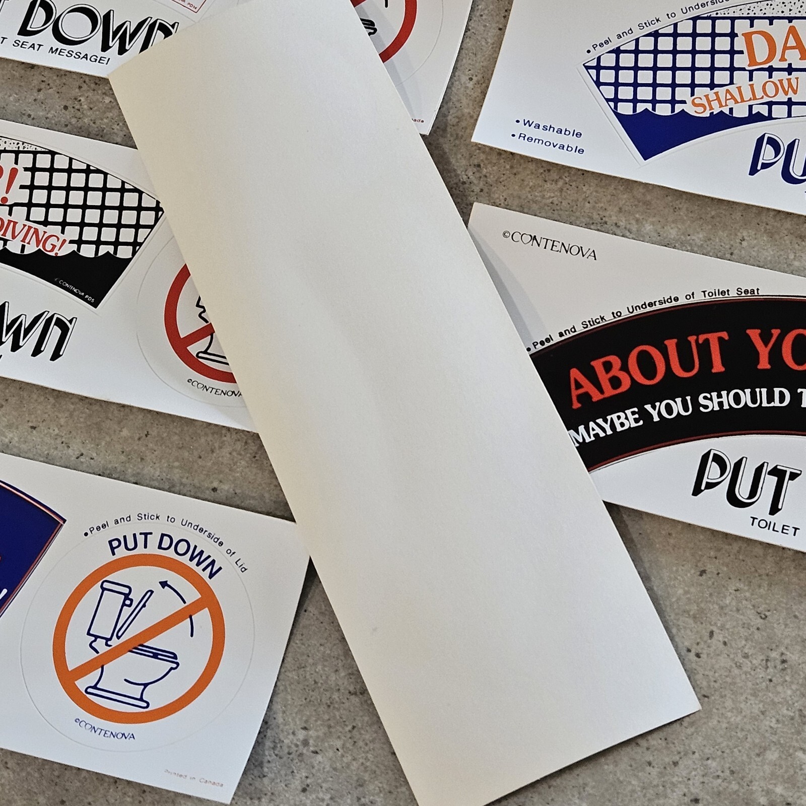 Lot of 11 Contenova The Original Toilet Seat Message Sticker Bathroom Humor