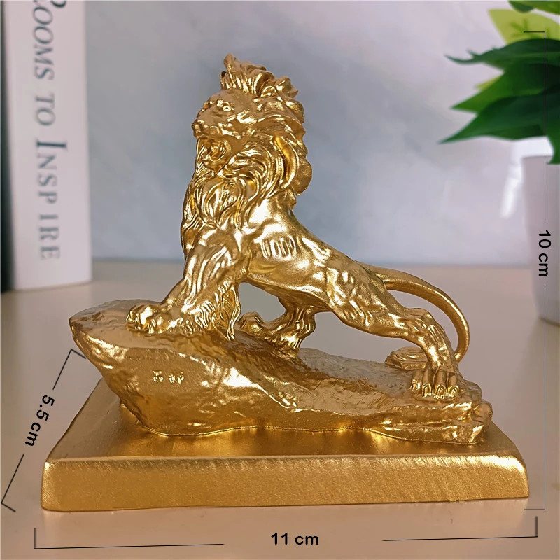 Golden Chinese Lion Resin Statues Feng Shui Animal Home Office Decor