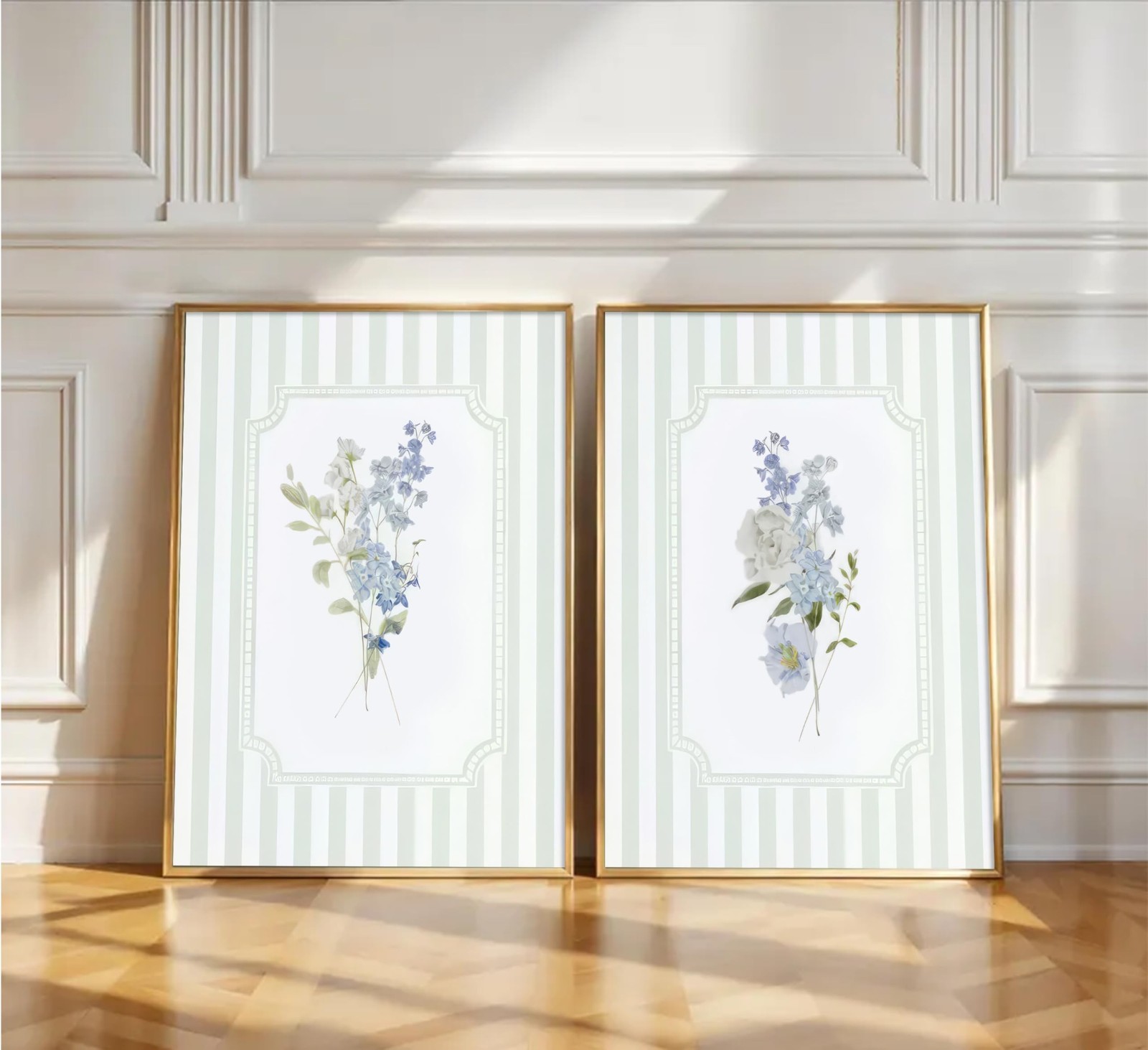 Blue White Florals Wall Art Sage Green Striped Hydrangea Pictures Wall Decor …